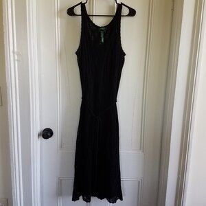 Ralph Lauren Midi Tank Crochet Dress w/Belt, Slip~Lacy Black Linen/Cotton~M-L